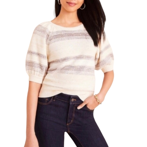 Ann Taylor Sweaters - Ann Taylor Sweater Womens Petite Small Top Striped Short Sleeve Beige Grey